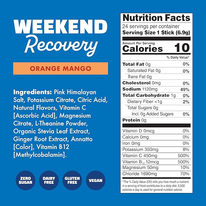 Waterboy Weekend Recovery | 3,200mg Electrolyte Powder Packets | Ginger + L-Theanine + Vitamins | No Sugar, All Natural, Gluten Free | 24 Drink Stick Mixes (Orange Mango)
