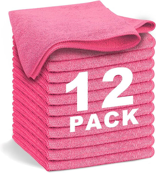 Pink Microfiber Cleaning Cloth 13"x13", Ultra Soft Absorbent Microfiber Cleaning Rags for Housekeeping Cleaning Supplies, Lint Free Reusable Cleaning Cloths for House Washable, Pack of 12