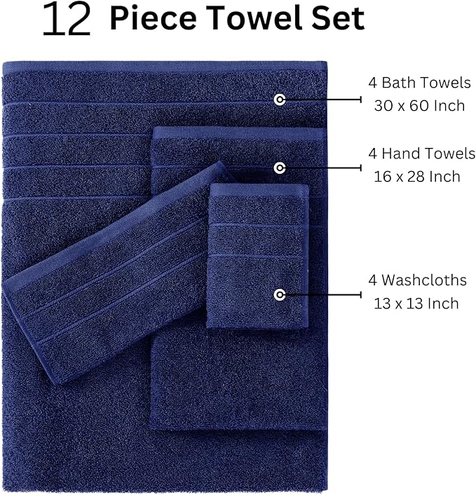 Casa Platino 100% Cotton Luxury Bath Towel Set - 12 Pieces - Ring Spun, Super Soft & Highly Absorbent - 4 Bath, 4 Washcloths, 4 Hand Towels for Bathroom - Holds Well After Multiple Washes - Navy Blue