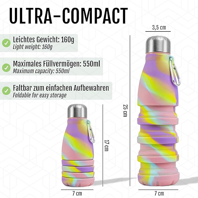 Foldable Drinking Bottle - BPA-free, leak-proof - Ideal festival accessory and practical outdoor companion with carabiner (Colorful)