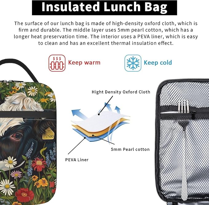Cow Lunch Box for Women Men, Insulated Lunch Box Reusable Portable Lunch Bag Cooler Tote Waterproof Lunch Container for Office Picnic Work Travel