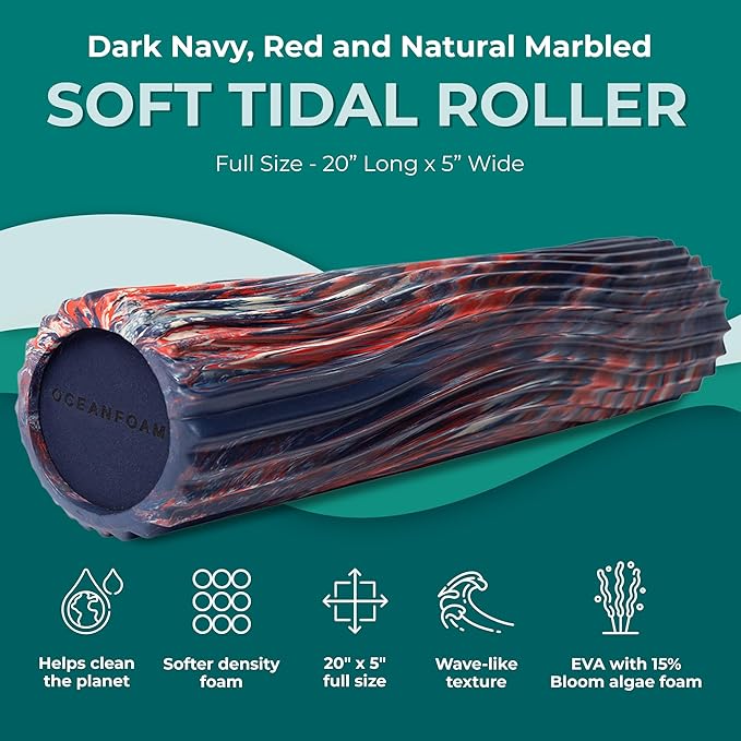 Oceanfoam Soft Tidal Roller (Dark Navy, Red and Natural Marbled) - Low Density Foam Roller for Physical Therapy, Back Pain, Exercise & Stretching - Wave Textured - Yoga, Wellness - Full Size, 20" x 5"