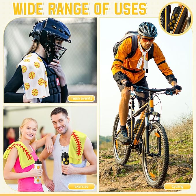 12 Pcs Softball Water Bottle Softball Cooling Towel Set with 50 Sticker Sports Party Favors Include 6 Reusable Sports Squeeze Water Bottle 6 Ice Towel Breathable Fast Drying for Team Gifts