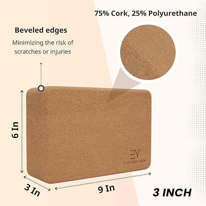 Everyday Yoga Premium Cork Block - Natural Cork, Improve Strength, Flexibility with Soft Brick Workout Handstand, (Single)