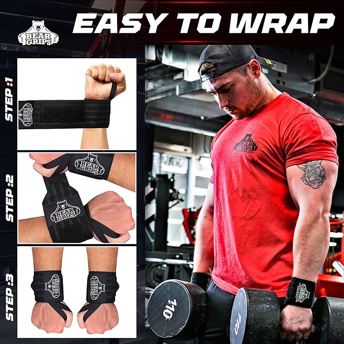 Bear Grips Wrist Wraps for Weightlifting | Weight Lifting Wrist Straps for Weightlifting | Extra Strength Gym Wrist Wraps | Two Wrist Wrap Per Pack | 12” & 18” | Lifting Wrist Wraps for Men & Women