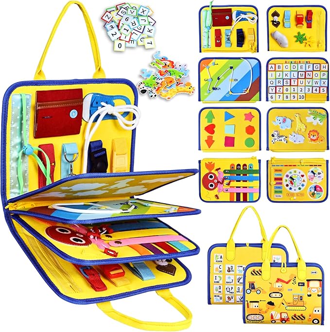 Esjay Toddler Busy Board Montessori Toys for Boys Girls, Sensory Board Educational Activities for Learning Fine Motor Skills, Birthday Gifts for Toddlers, Travel Toys for Airplane Car, Yellow Truck