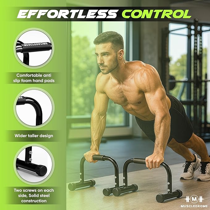 Push Up Bar for strength traning, Heavy Duty Steel Parallettes with Non Slip Handles, Stable Pushup Stands for Dips, Handstands & Calisthenics, 11.8in High x 17.9in Wide, Home Workout equipment