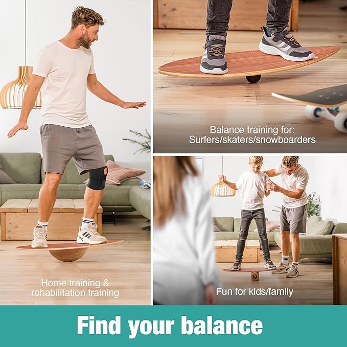 Wooden Balance Board - unique [incl. corc roller, corc hemisphere and balance ball] Balance Board Kids - Balance Boards for Adults - Indo Board Mobo Board Gibbon Board Giboard Slackboard Balancing