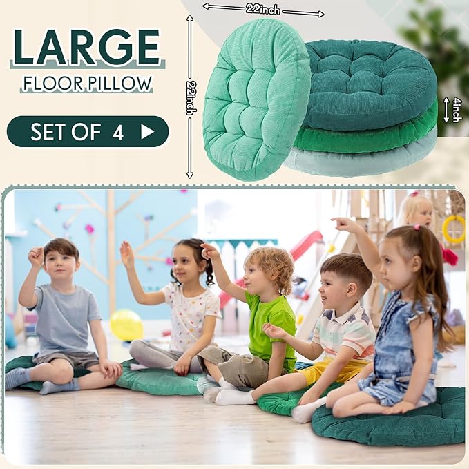 Jerify Floor Pillow Cushions 22 x 22 Inch Round Square Large Meditation Floor Pillow for Classroom Adult Meditation Picnic Party Cushion for Seating Gift Christmas(Round,Gradual Green,4 Pcs)