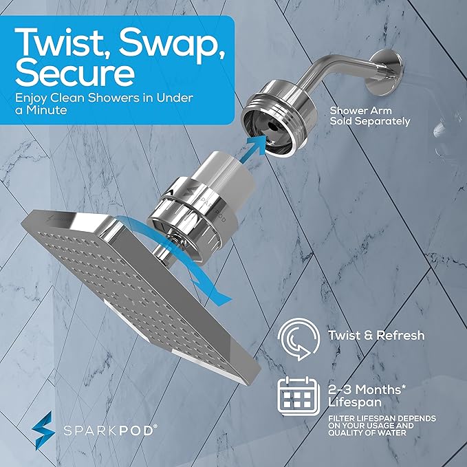 SparkPod Luxury Filtered Shower Head Set 23 Stage Shower Filter - Reduces Chlorine and Heavy Metals - High Pressure Showerhead Filter (8" Square, Luxury Polished Chrome)