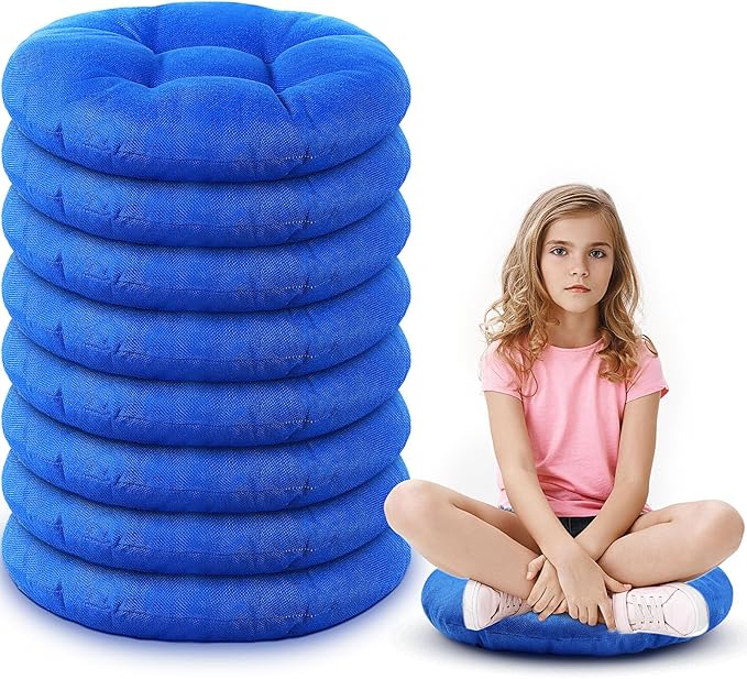 Fumete 8 Pcs 16 Inch Round Floor Cushions for Kids and Toddlers, Flexible Seating Classroom Furniture Floor Pillow for Home, Daycare, Preschool, Yoga and Meditation (Light Blue)
