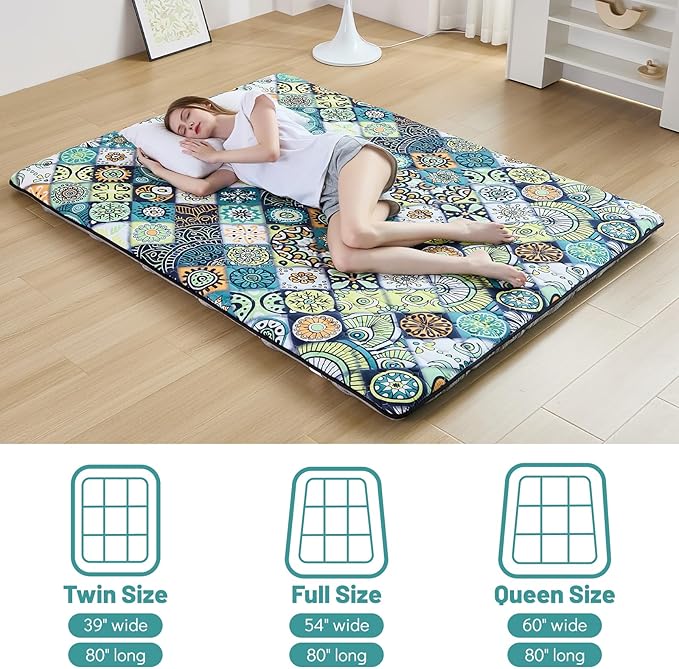 Japanese Floor Mattress Twin, Anti-Slip Japanese Futon Foldable Tatami Mat for Guests, Boho Green Checkered