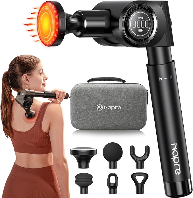 Massage Gun with Heat,Deep Tissue Handheld Percussion Back Massager for Muscle/Neck/Body Pain Relief with Long Extension Retractable Handle,32-Speeds,Foldable,5 Adjustable Angles,with Carry Case