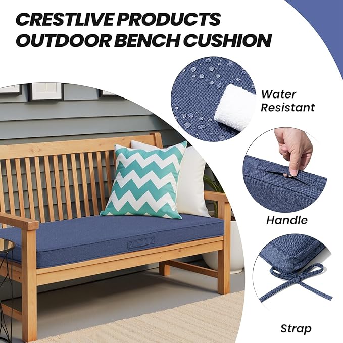Crestlive Outdoor Bench Cushion 48 x 18 Inch, Waterproof Patio Bench Cushions for Outdoor Furniture, Porch Swing Replacement Pad with 30D Foam, Adjustable Straps and Portable, Sky