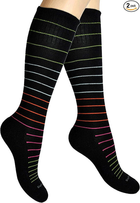 Cotton Compression Socks for Women & Men. 15-20 mmHg Support Knee-High Black Stripes X/W