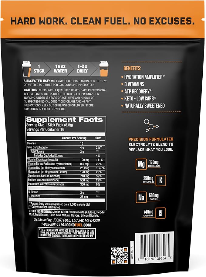 Jocko Fuel Hydrate Electrolytes Powder Packets Low Sugar - Hydration Amplifier Packets for Recovery, Dehydration, & Exercise - with Vitamins B6, B12 & C (16 Packets) Island Orange