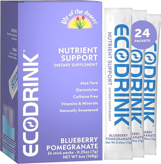 Lily of The Desert EcoDrink Nutrient Support Hydration Packets, Blueberry Pomegranate – Naturally Sweetened Multivitamin Electrolyte Mix with Aloe, 24 Stick Packs/Box, 0.25 Oz Ea