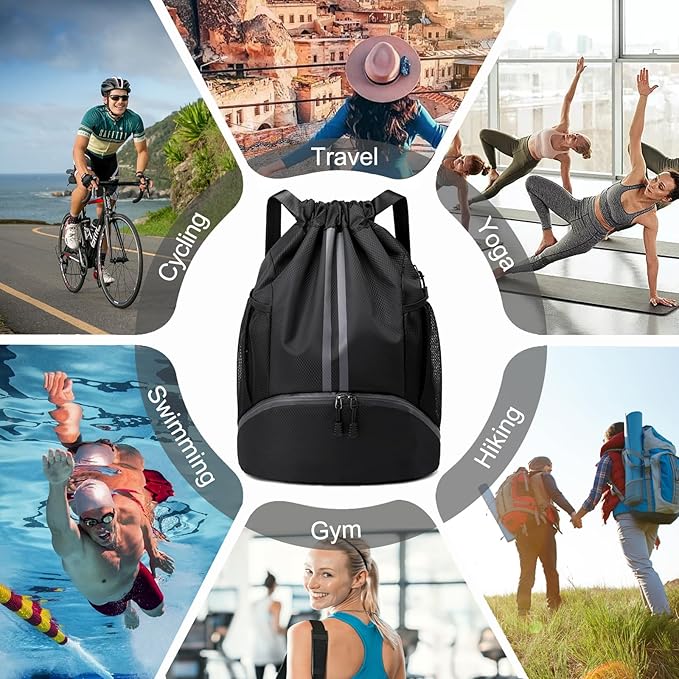 Hoedia Sports Drawstring Backpack - String Swim Gym Bag with Shoes Compartment and Wet Proof Pocket for Women&Men