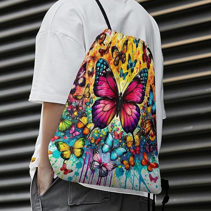 Butterfly Drawstring Backpack - Cute Cinch Sack, String Backpacks for Kids Boys Girls Women Men for Gym Outdoor Sports Travel Athletic Drawstring Bag - Lightweight/Foldable