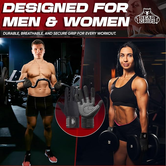 Bear Grips Weight Lifting Gloves for Men & Women | Half Finger Lifting Gloves | Full Finger Workout Gloves for Men | No Finger Exercise Gloves l Compression Weightlifting Gloves | Gym Gloves for Men
