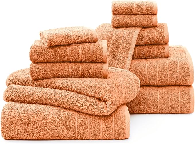 Casa Platino 100% Cotton Bathroom Towel Set - 12 Pc - Ringspun, Quickdry, Super Soft & Highly Absorbent - 4 Large Bath Towels, 4 Washcloths, 4 Hand Towel - Pre Shrunk & Fade Resistant - Peach Fuzz