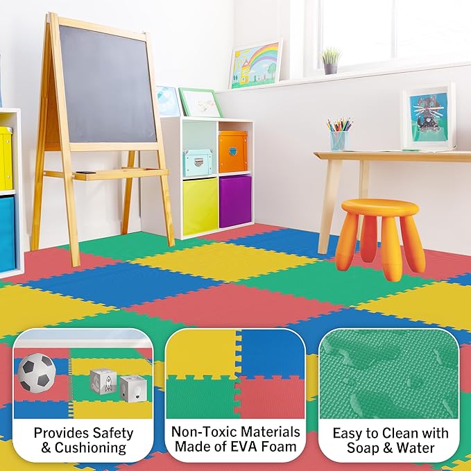 EVA Foam Mat Tiles 12-Pack - 48 SQ FT Interlocking Padding for Playroom or Gym Flooring - Workout Mat or Baby Playmat by Stalwart (Multicolor)