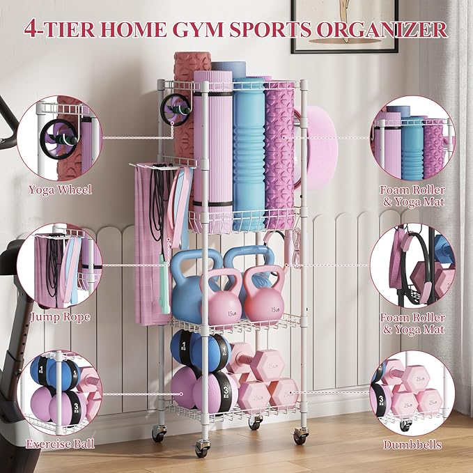 VOPEAK Home Gym Storage Rack with Wheels, Yoga Mat Storage Organizer for Kettlebells, Dumbbells, Resistance Bands, Space Saving Weight Rack for Home Gym, Garage, Easy to Install
