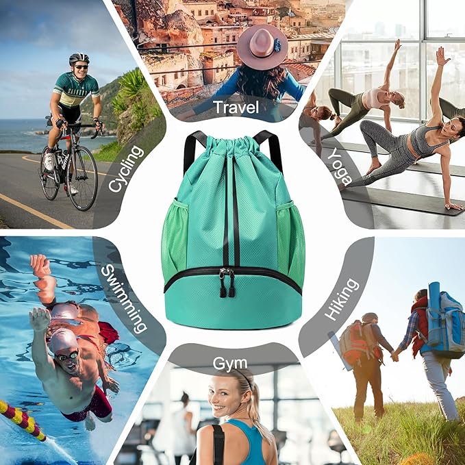 Hoedia Sports Drawstring Backpack - String Swim Gym Bag with Shoes Compartment and Wet Proof Pocket for Women/Men (Mint Green)