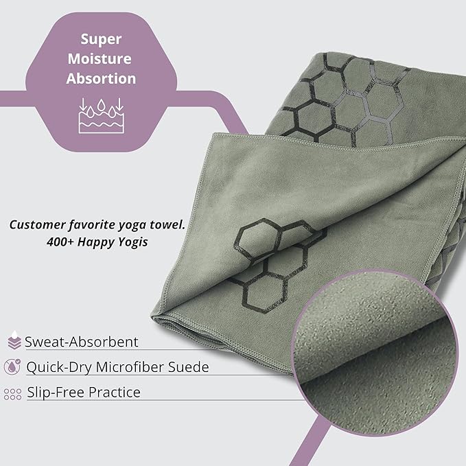 Clever Yoga Hot Yoga Mat Towel – Non-Slip Grip for Hot Yoga, Sweat Absorbent, Honeycomb Silicone Grip, Stays Flat – Ideal for Pilates, Travel, Washable & Lightweight - Olive