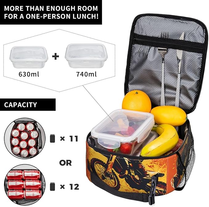 Insulated Lunch Box for Women Men, Dirt Bike Motorcycle Theme Lunch Box Reusable Portable Lunch Bag Cooler Tote Waterproof Lunch Container for Office Picnic Work Travel