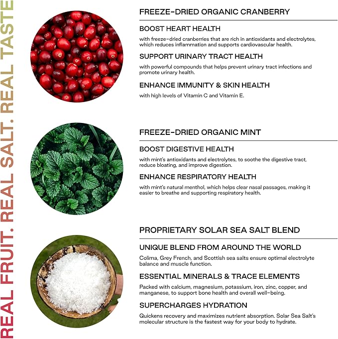 New! Purest Electrolyte Cranberry Mint Powder Packets – Whole Food Hydration - Organic Freeze-Dried Fruits and Solar Sea Salts for Ultimate Electrolyte Balance
