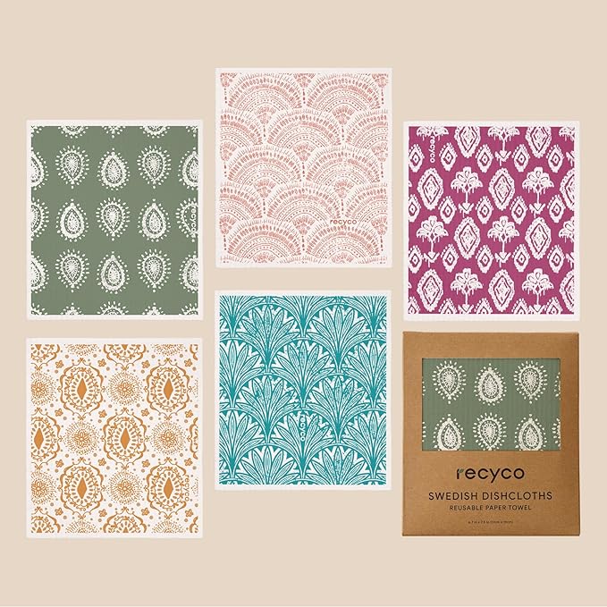 RECYCO Swedish Dishcloths for Kitchen | 5 Pack Gem Washable Dish Rags | Cellulose Reusable Cleaning Paper Towels | Absorbent Counter Dish Cloth Sponge Kitchen Wipes, 8" L x 7" W