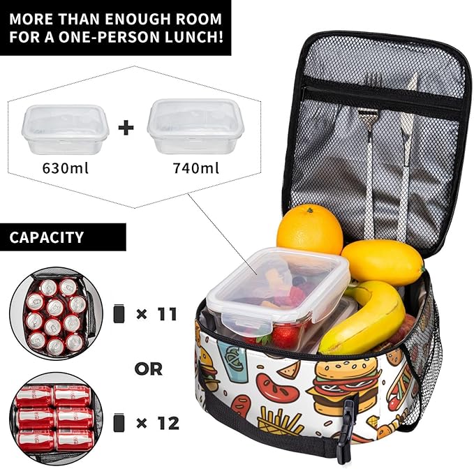Insulated Lunch Box for Women Men, Food Theme Lunch Box Reusable Portable Lunch Bag Cooler Tote Waterproof Lunch Container for Office Picnic Work Travel