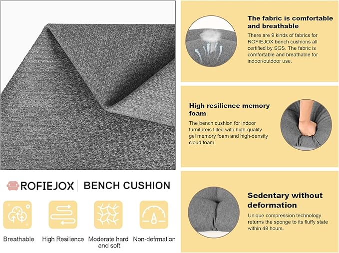 Bench Cushion 36 Inch - Polyester Brushed, High-Density Foam, Non-Slip Bottom, Soft Durable Indoor Tufted Long Seat Cushion for Window Garden Furniture (Dark Gray, 36x14x4 Inch)