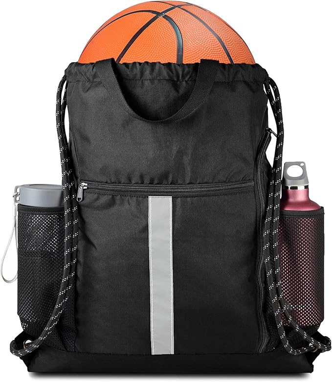BeeGreen Drawstring Backpack Bag Sports Gym Backpack with Shoe Compartment and Two Water Bottle Holder for Men Women Large String Backpack Athletic Sackpack Workbag Black