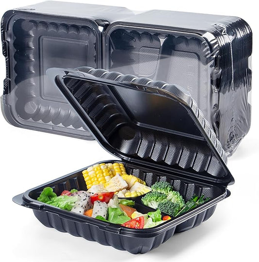 YANGRUI Disposable Containers 7.8" 30 oz 65 Pack - Shrink Wrap BPA Free Mineral Filled PP Plastic Food Container | 3 Compartment Freezer & Microwave Safe | Black Heavy Duty Clamshell Takeout Boxes