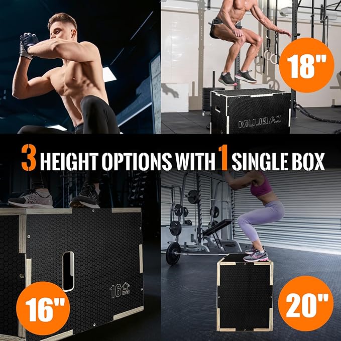 CAELUM 3-in-1 Wood Plyo Box - Non-Slip Plyometric Jump Box for Home & Gym, 400lbs Bearing Fitness Launch Box for Jumping Squats Step-ups Strength Training