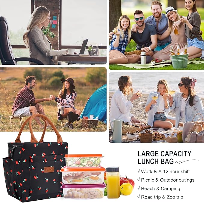 Joymee Lunch Bag Women Insulated Lunch Box Reusable Leakproof Large Spacious Cooler Tote for Women Men Adult with Bottle Holder and Side Pockets for Work Office Travel Picnic - Cherry