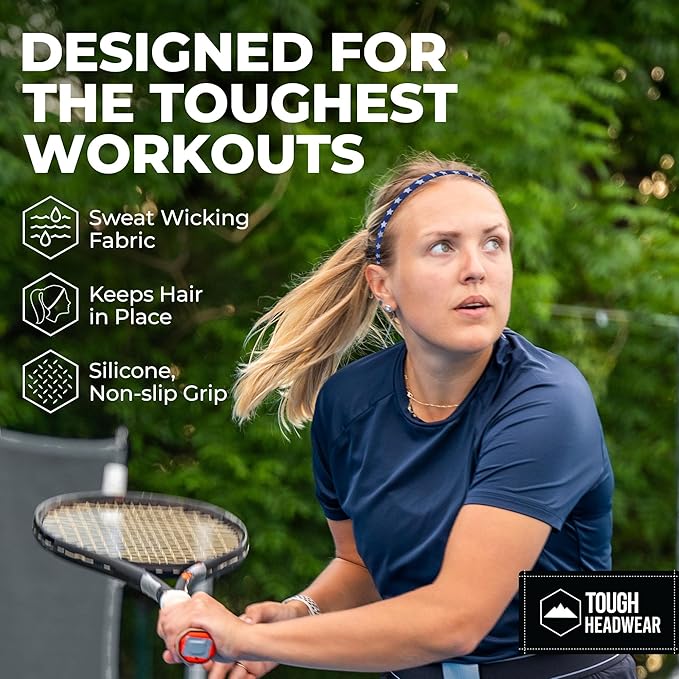 Tough Headwear Thin Elastic Headbands, Sports Headbands for Women & Men - Mens Workout Headband - Running or Soccer Headband - 6-Pack