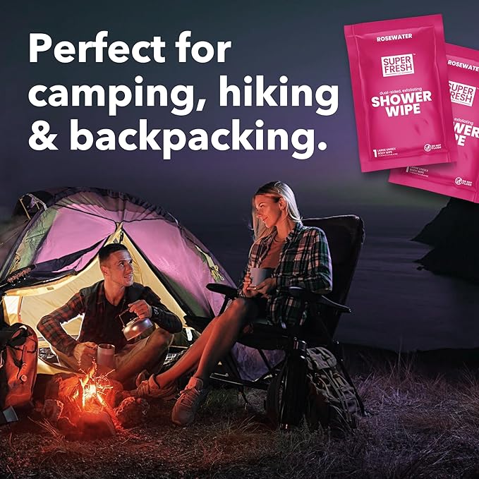 Super Fresh Shower Wipes Large RoseWater Body Wipes for No Rinse Bathing Personal Hygiene Gym Travel or Camping Enriched with Aloe and Vitamin E 20 Individually Wrapped Disposable Sheets