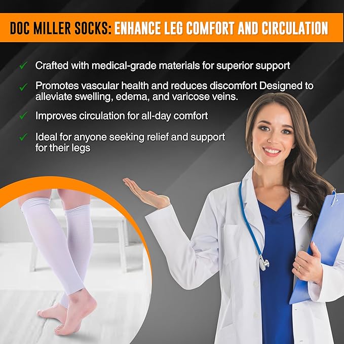 Doc Miller Compression Calf Sleeve for Men & Women, Premium Medical Grade, 15-20mmHg Graduated Support for Running, Calf Tear, Shin Splints, Knee High, Calf Sleeves, 1 Pair