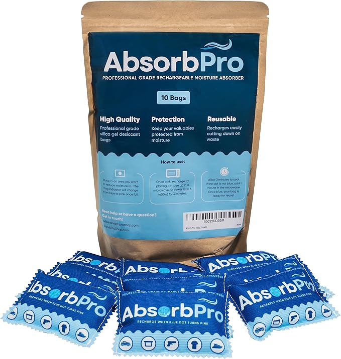 Rechargeable Dehumidifier Bag 10-Pack - 100g Reusable Moisture Absorbers - Silica Gel Packets for Bins, Totes, Gun Safe, Food Storage, Clothes, Cars, and Boats