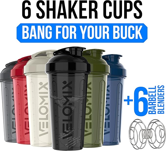 -6 PACK- Shaker Cups for Protein Shakes 28 oz - 6x Wire Whisk | Leak Proof Protein Shaker Bottle for Protein Shakes, Shaker Bottle Pack for Pre & Post Workout (Stealth Edition)