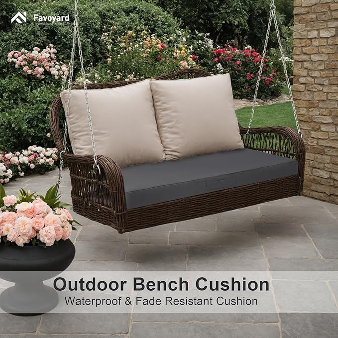 Favoyard Outdoor Bench Cushion 42 × 16 Inch Waterproof & Color Resistant Patio Benches Cushions for Garden Loveseat Swing Couch Furniture with Handle, Removable Cover and Adjustable Straps, Dark Grey