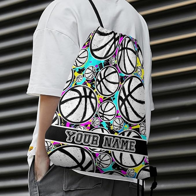 Custom Basketball Drawstring Backpack - Cool Cinch Sack, String Backpacks for Kids Women Men Boys Girls for Gym Outdoor Sports Travel Athletic Drawstring Bag - Lightweight/Foldable