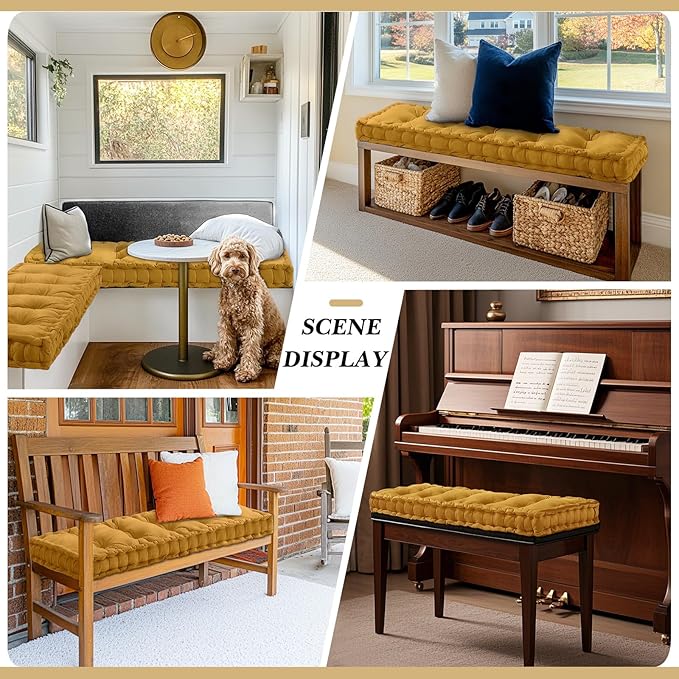 Bench Cushions for Indoor Furniture 36x14 Inch Velvet Kitchen Dining Piano Window Seat Cushion, Tufted Patio Porch Swing Thicken Bench Pad Memory Foam(Yellow)