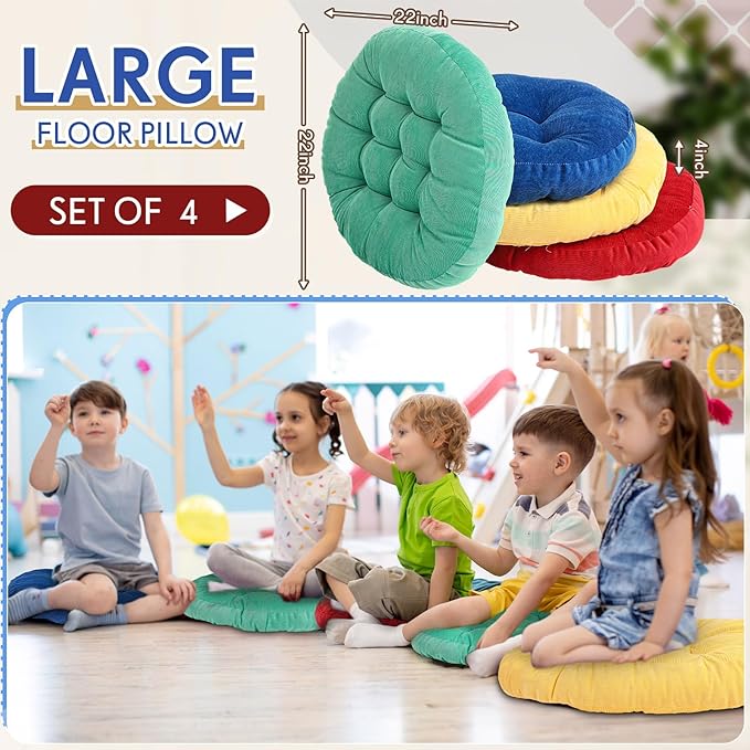 Jerify Floor Pillow Cushions 22 x 22 Inch Round Square Large Meditation Floor Pillow for Classroom Adult Meditation Picnic Party Cushion for Seating Gift Christmas(Round,Colorful,4 Pcs)