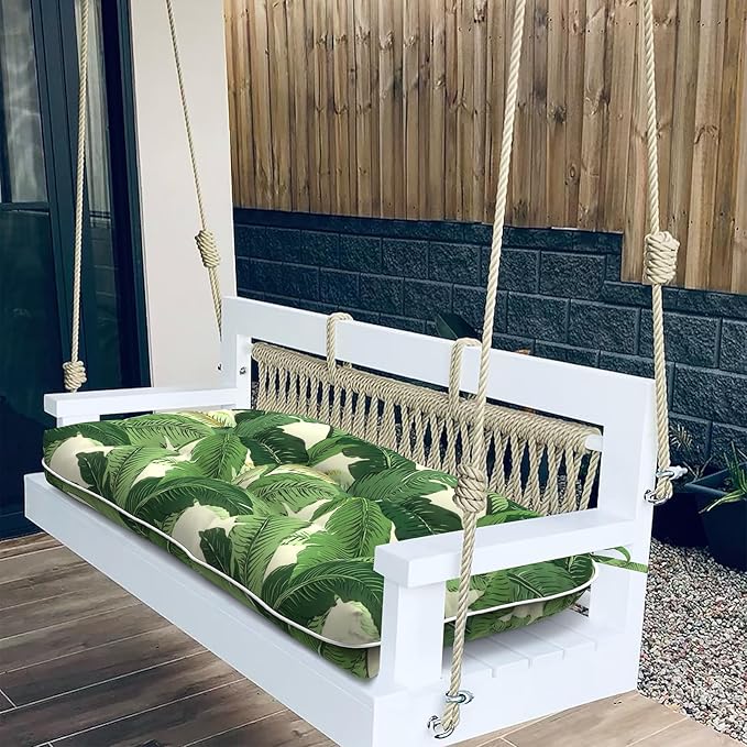 Tufted Bench Cushion for Outdoor Furniture, Patio Swing Cushion 44 x 19 x 5 Inch, Overstuffed Outdoor Chair Cushion for Garden Loveseat Lounge Storage, 1 Pack, Swaying Palms Green