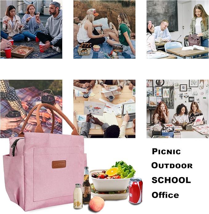 Joymee Lunch Bag Women Insulated Lunch Box Reusable Leakproof Large Spacious Cooler Tote for Womens Mens Adults with Bottle Holder and Side Pockets for Work Office Travel Picnic - Light Pink
