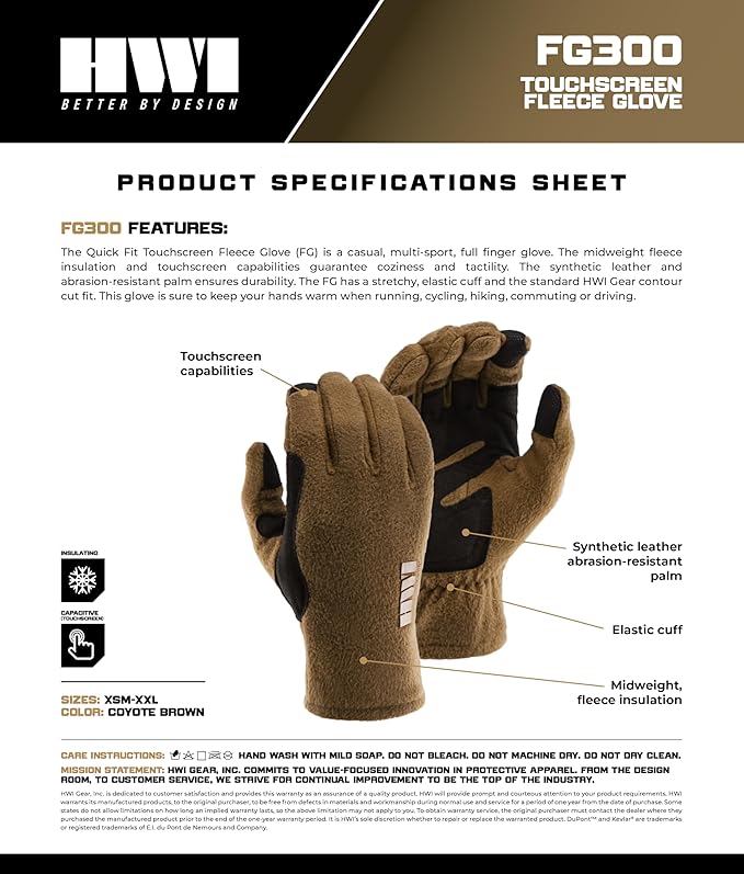 FG Quick Fit Touchscreen Fleece Glove Contour Fit, Abrasion-Resistant Palms for Multi-Sport, Cycling, Driving